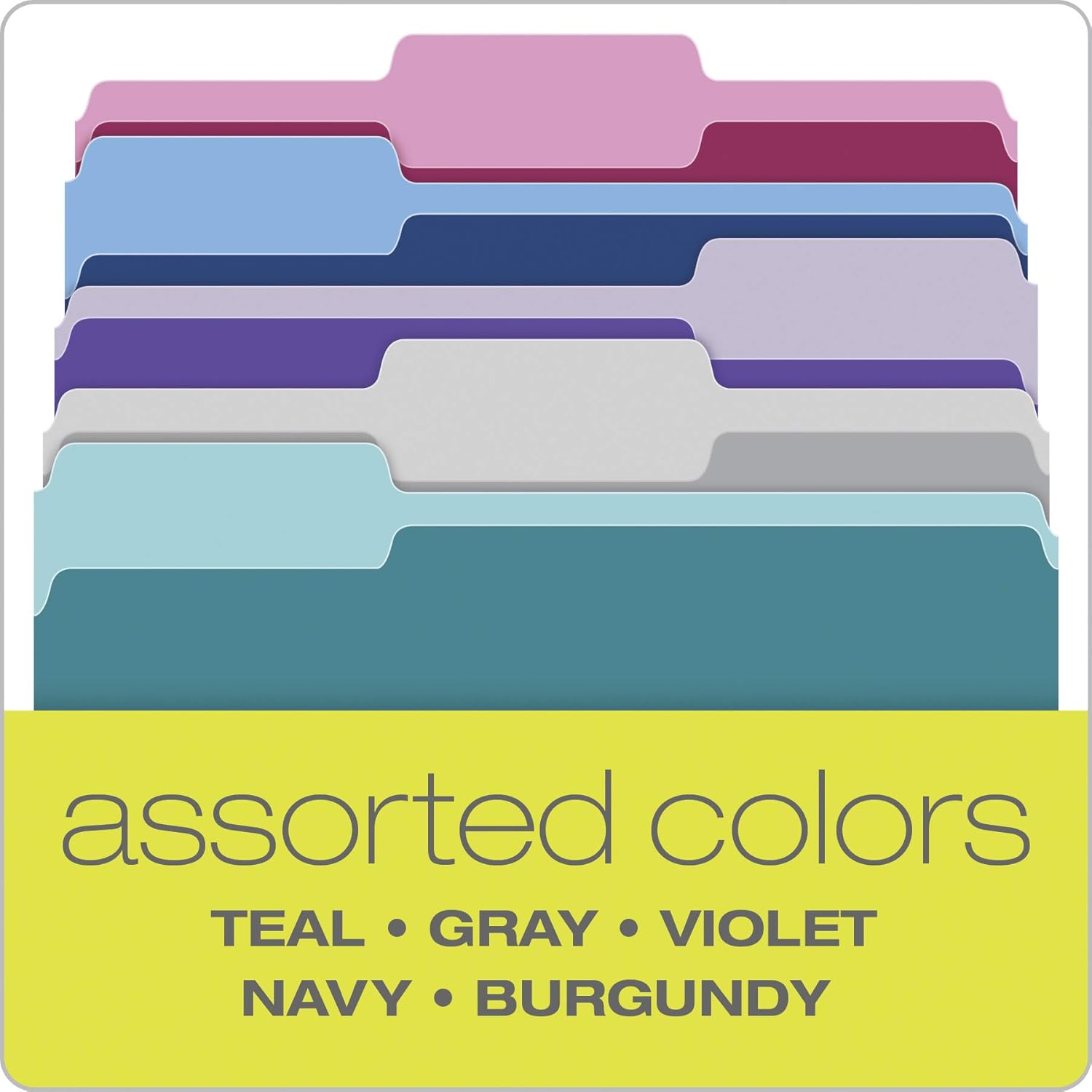 Pendaflex Two Tone Color File Folders, Letter Size, Assorted Colors (Teal, Violet, Gray, Navy and Burgundy), 1/3-Cut Tabs, 5 Color, 100/Box, (02315): Office Products