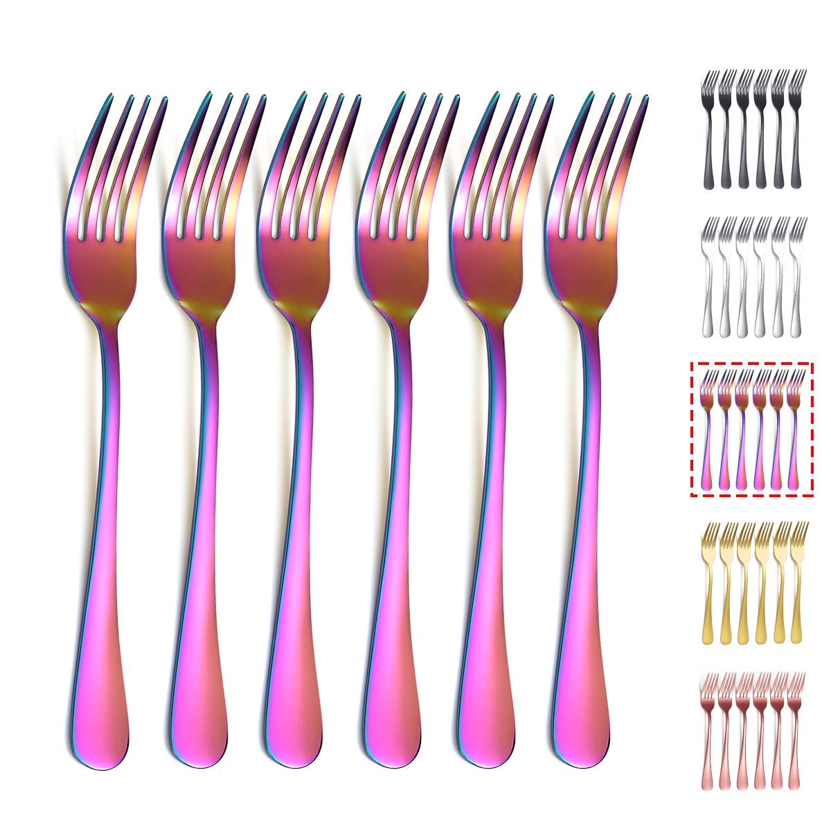 Kyraton Rainbow Dinner Fork 6 Pieces, Stainless Steel 20.5cm Forks Colorful Titanium Plating Silverware, Mutil-Color Forks Set of 6
