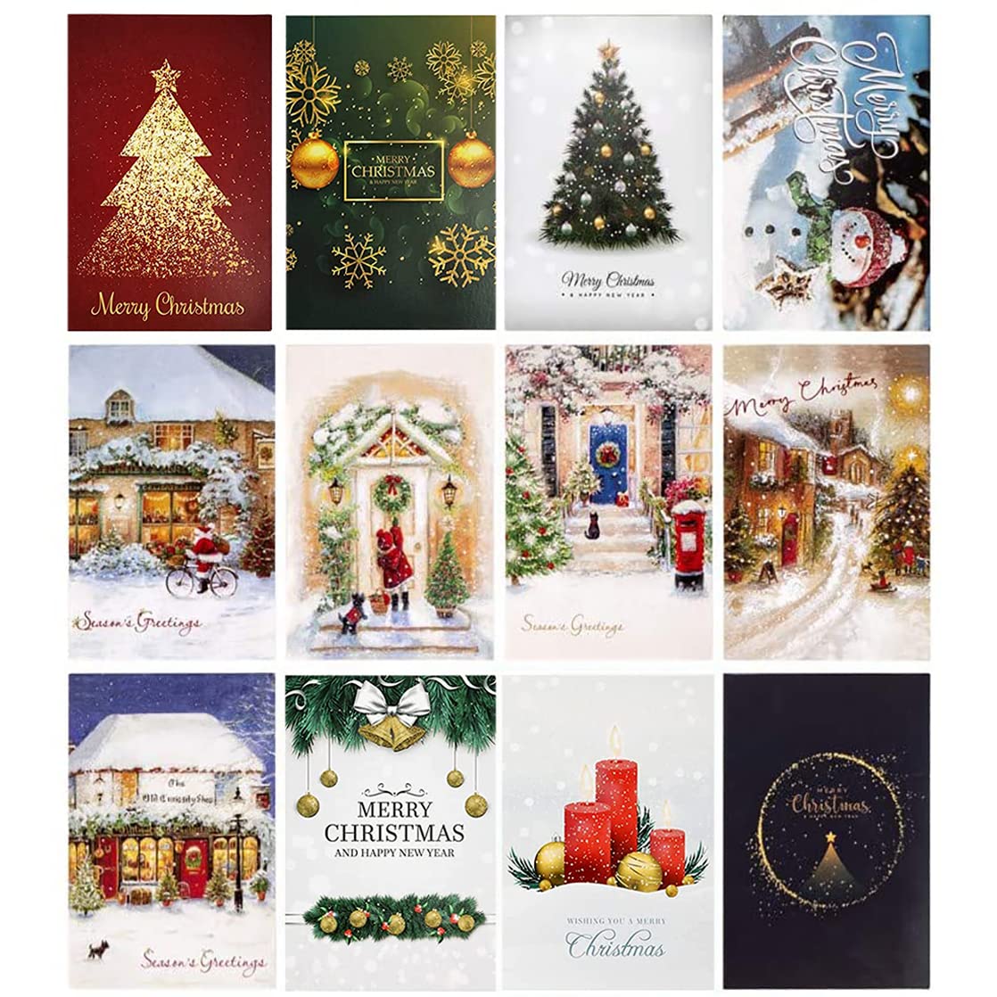 Christmas Cards Set, 24 Christmas Greeting Cards with 24 Envelopes & Stickers, Each Christmas Card Pack Has 12 Different Festive Designs, for Xmas Greetings, Blessings, Gifts, Wishes