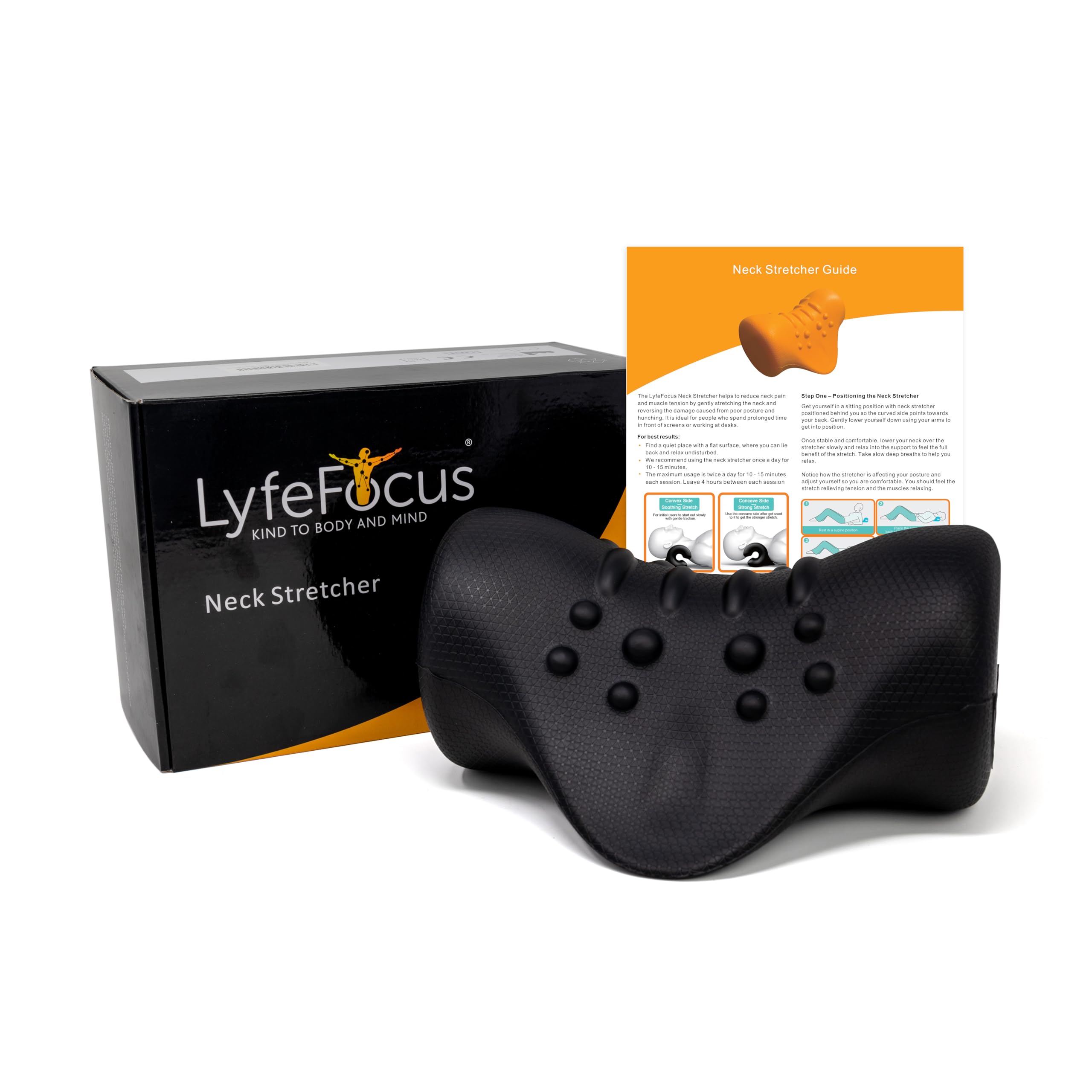 LyfeFocus Neck Stretcher with Heat for Back & Neck Pain - Neck Support Posture Corrector with Firm Nodes Designed to Relieve Muscle Tension (Black, No Heat)