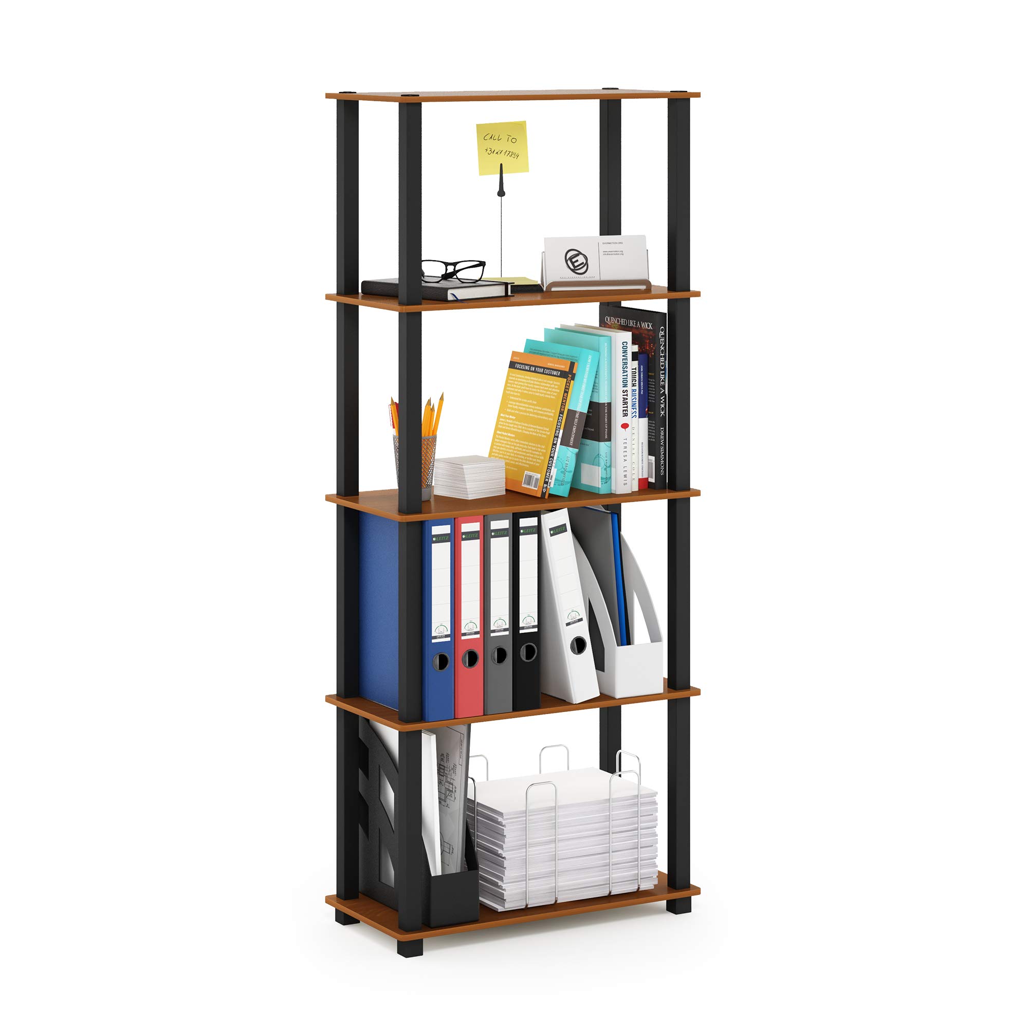 Furinno TURN-S-TUBE Book Shelf, 5-Tier Toolless Storage Shelves with Square Tubes, Shelving Unit for Organization and Storage for Living Room, Home Office, Light Cherry