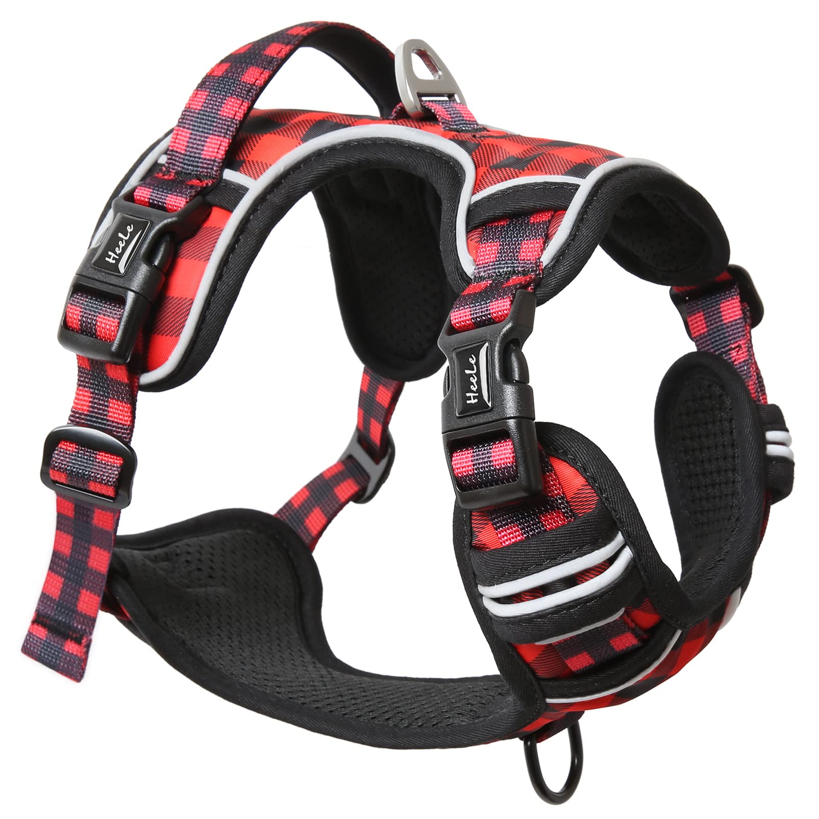 HEELE Dog Harness, No Pull Harness, Release on Neck, Reflective Adjustable No Choke Pet Vest with Front Back 2 Leash Attachments, Soft Control Training Handle for Medium Dog, Plaid Black-Red, M