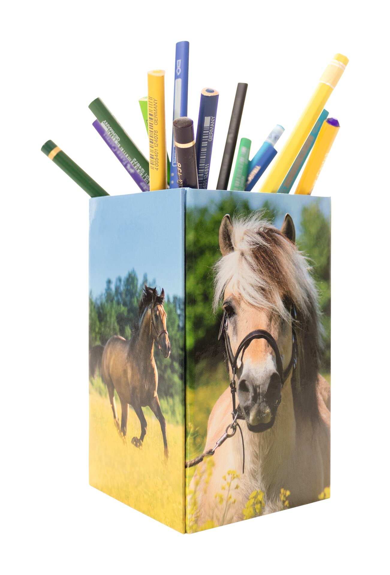HERMA 19734 Pencil Holder with Horse Motif, Foldable, Sturdy Cardboard, Desk Pen Holder for Girls & Boys, Rectangular Pen Cup for Colouring Pencils, Markers, Pencils, Makeup Brushes