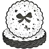 HEIPINIUYE 50 Pieces Black Bow Paper Plates 9 Inch Black Scalloped Plates Disposable Dinner Plate for Wedding Baby Shower Birthday Party Dessert Plate