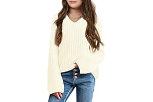 Imily Bela Girls Bell Sleeve V Neck Knit Sweaters Kids Fashion Crop Pullover Sweater Tops