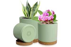 WSMKSZ 3 Pack 6/5/4 inch Cylindrical Flower Pots, Modern Small Round Plastic Plant Pots with Drainage Holes & Saucers, Clean and Refined Planter Pots for Outdoor, Indoor & Office Decor (Green Brown)