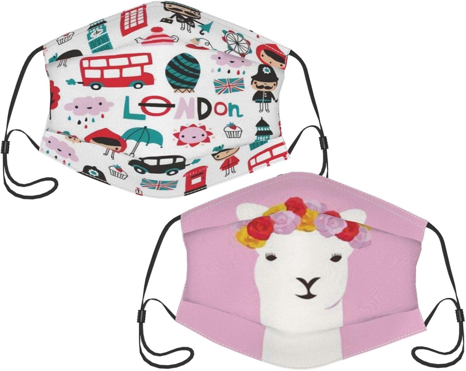 Llama Unisex Adult Black Face Mask Design Scarf 2Pack Washable Face