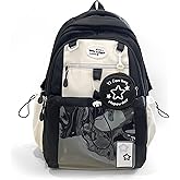 UINSUE Kawaii Backpack Double Shoulder Bag with Cute Star Removable Pouch Clear Pocket Large Capacity Dopamine Colors Daypack (Clear Black)
