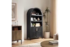 mopio Lauren 65.4" Arched Cabinet, 5-Tier Arched Bookcase with Doors and Shelves, Arched Bookshelf with Storage, Kitchen Pantry Cabinet, Wooden Storage Cabinet for Living Room, Kitchen (Black)