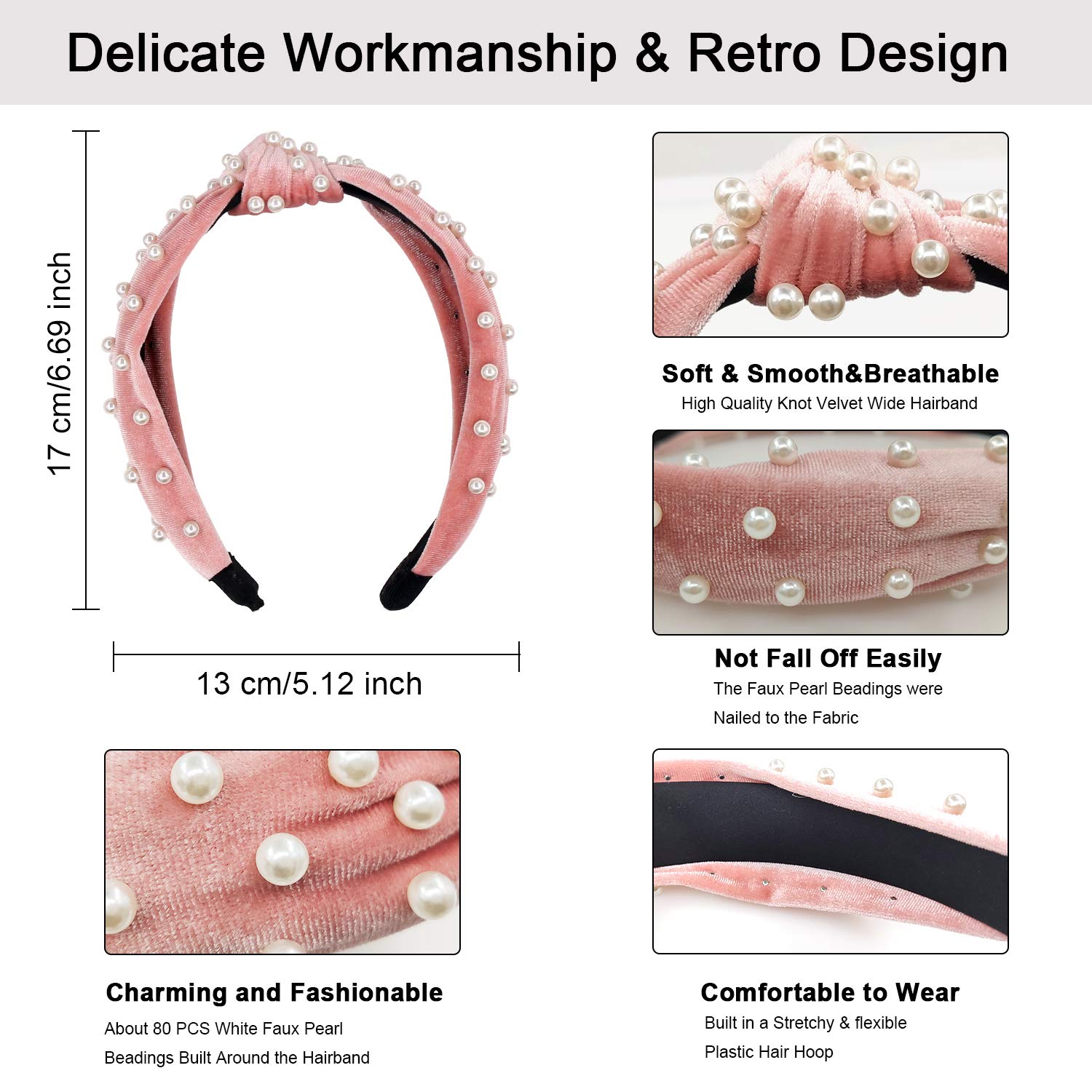 ForTomorrow 6 Pack Velvet Wide Pearl Headbands Twist Knot Turban Headband Vintage Retro Hairband with Faux Pearl Fashion Hair Hoops for Women and Girls (Black, White, Pink, Grey, Blue, Navy) : Beauty
