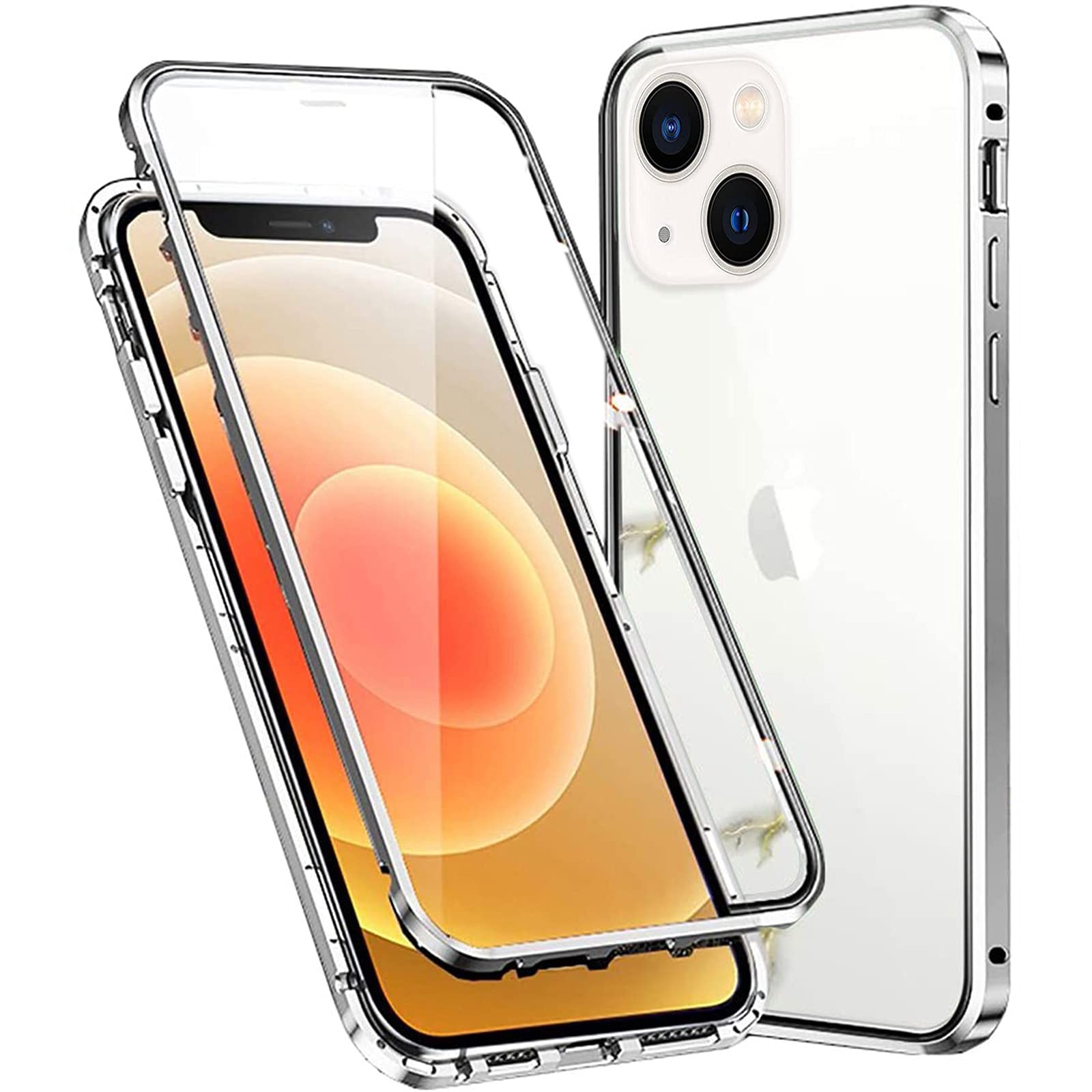 Colala Case for iPhone 15 Plus Magnetic Cover Magnetic Adsorption Technology Metal Frame Case Aluminum [Front and Back 9H Tempered Glass] 360° Full Protection Ultra Slim Case - Silver