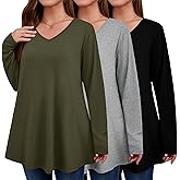 Evervibe 3 Pack Women's Plus Size Tunic Tops V Neck Long Sleeve Shirts Loose Fit Casual Flowy Tees with Leggings