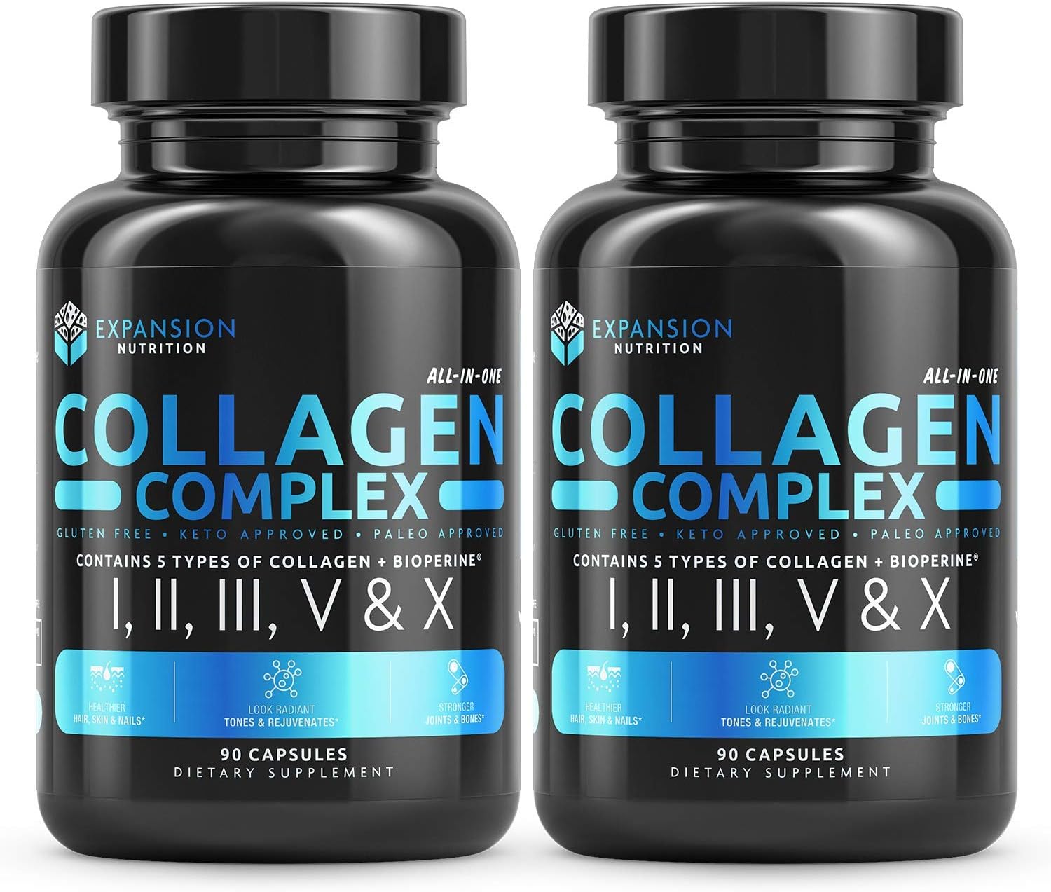 2 Pack- Multi Collagen Peptides & Bioperine Absorption Enhancer (Types I, II, III, V, X) - Collagen Pills - Anti-Aging, Hair, Skin, Nails, and Joint Support (180 Capsules)