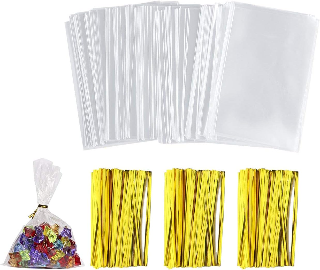 NEPAK 400 Pcs 4 x 6 inches Clear Cellophane Treat Bags,Sweet/Party/Gift/Home Bags with 700 pcs Twist Ties