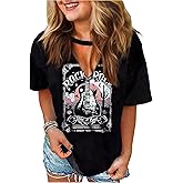 Rock Roll Criss-Cross Hollow Out T-Shirt Women Vintage Concert Rock Band Shirt Retro Country Music Short Sleeve Tops