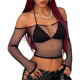 Sesiwadbe Women Sexy Crop Top Shirt Fishnet Lingerie Bikini Cover Up | See-Through Blouse, Bodycon Party Clubwear, Cosplay Costume Outfits
