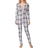 Sorlife Women Sexy Bodycon Onesie Pajama Heart Print Long Sleeve Button V Neck Jumpsuit One Piece Romper Valentines Sleepwear