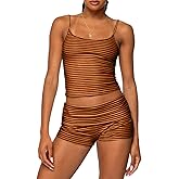 Women Fashion Striped 2 Piece Lounge Set Camisole Crop Top and Fold Over Shorts Pajama Sets Streetwear