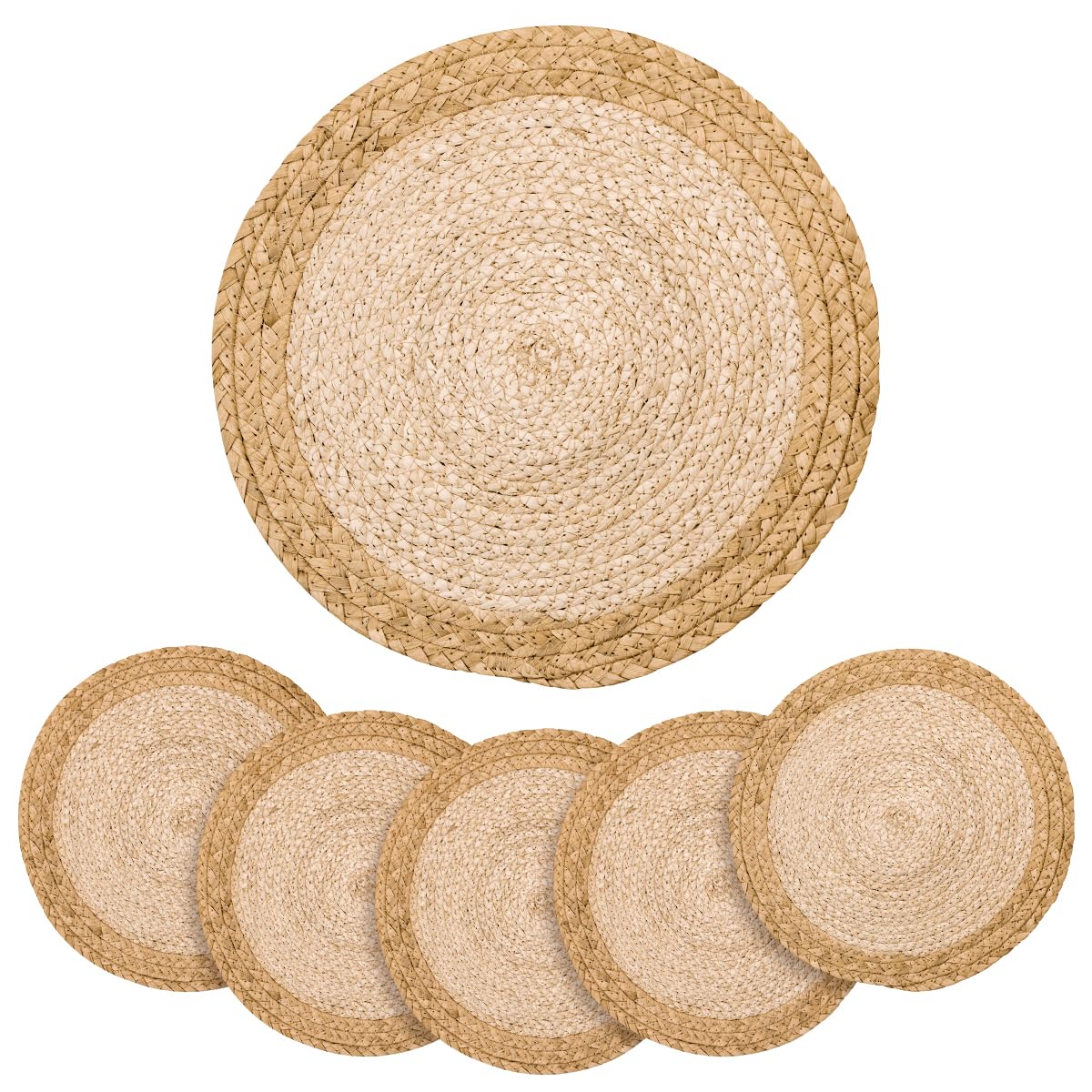 Photo 1 of 13 in Round Woven Placemats Plate Chargers Set of 6, Chargers for Dining Table Decor Boho Farmhouse Rustic Rattan Wicker Table Mats Jute Braided Place Mats Chargers for Dinner Plates