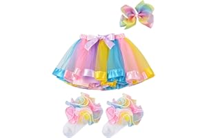 BGFKS Girls Layered Tulle Rainbow Tutu Skirt Sets,Toddler Girl Skirt with Linging,Hairbow and Socks.