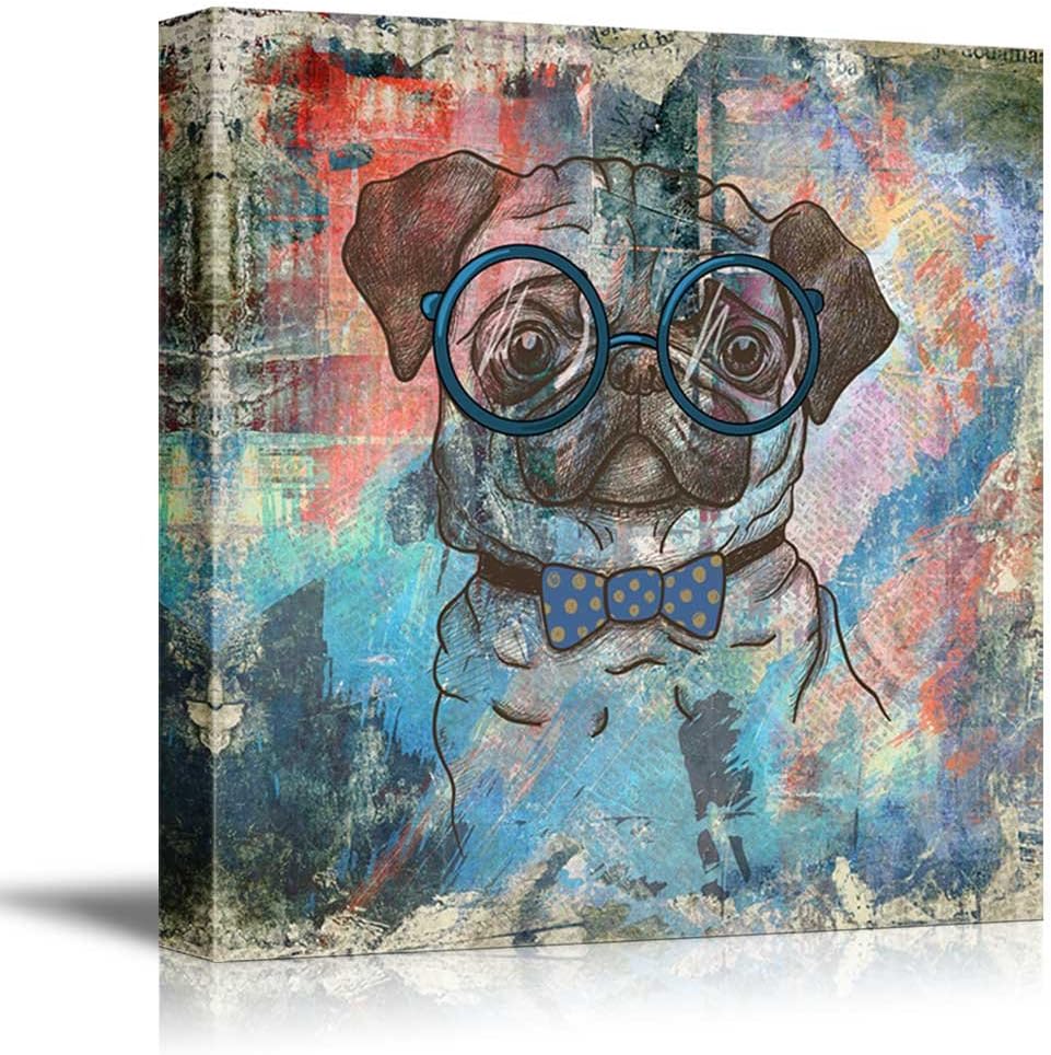 wall26 Square Dog Series Canvas Wall Art - Vintage Style Colorful Painting of a Pug with Glasses - Giclee Print Gallery Wrap Modern Home Decor Ready to Hang - 16x16 inches