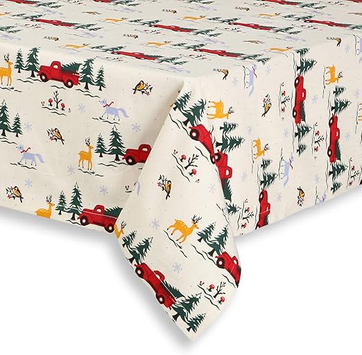 Amazon Com Cackleberry Home Christmas Red Farm Truck Cotton Fabric Tablecloth 60 X 84 Oval Home Kitchen