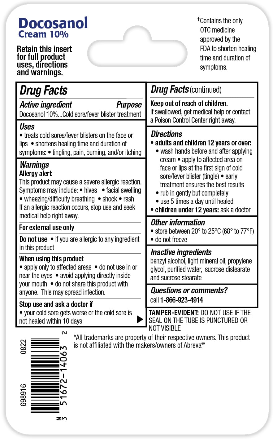 TARO Cold Sore & Fever Blister Treatment - Fast-Acting Docosanol 10% Cream - Cold Sore & Fever Blister Treatment for Lips, Anti-Itch Formula for Effective Relief and Healing - 0.07 oz (1 Pack)