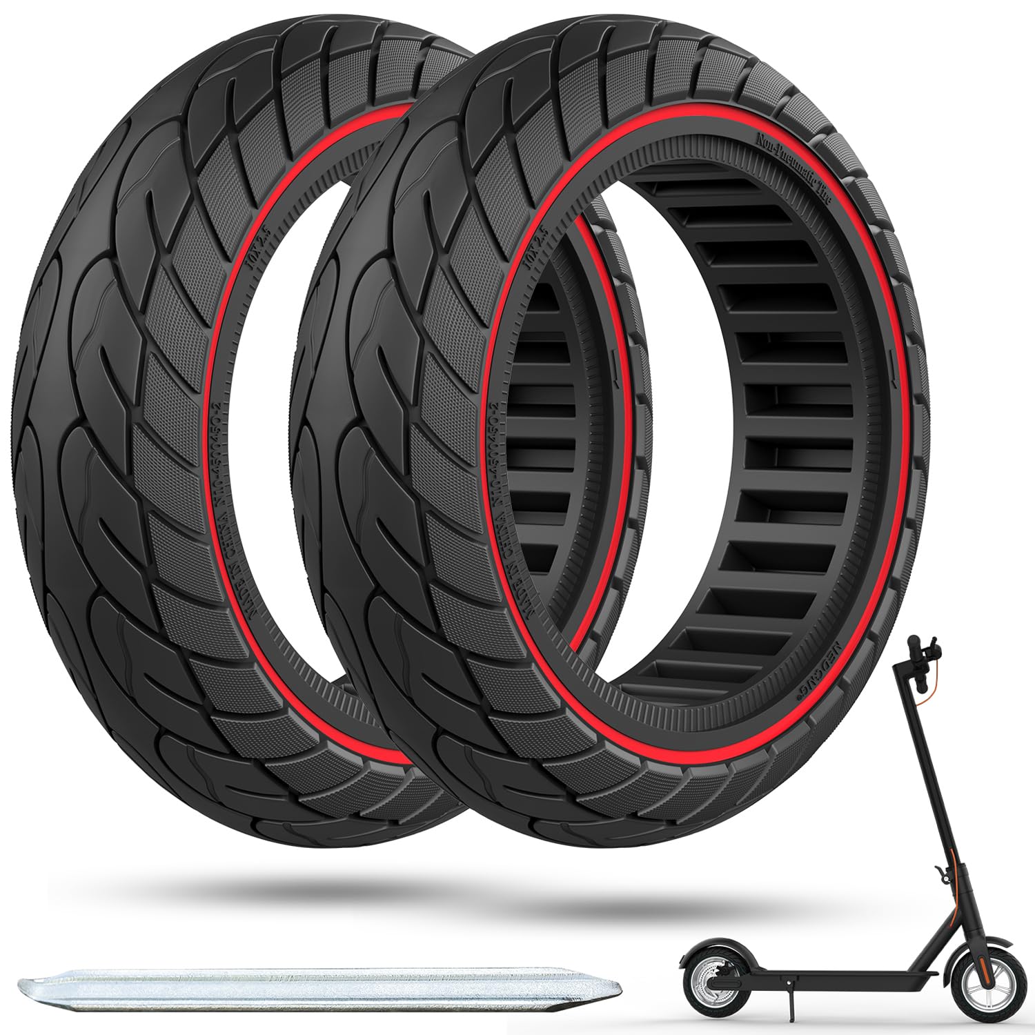 OUXI 2 Pack 10 x 2.5 Solid Tyre,10 inches 60/70-6.5 Solid Tyre Puncture Proof Electric Scooter Tyres Replacement Wheel for Ninebot Max G30P G30LP Scooter Front/Rear Rubber Tires 2pc Red