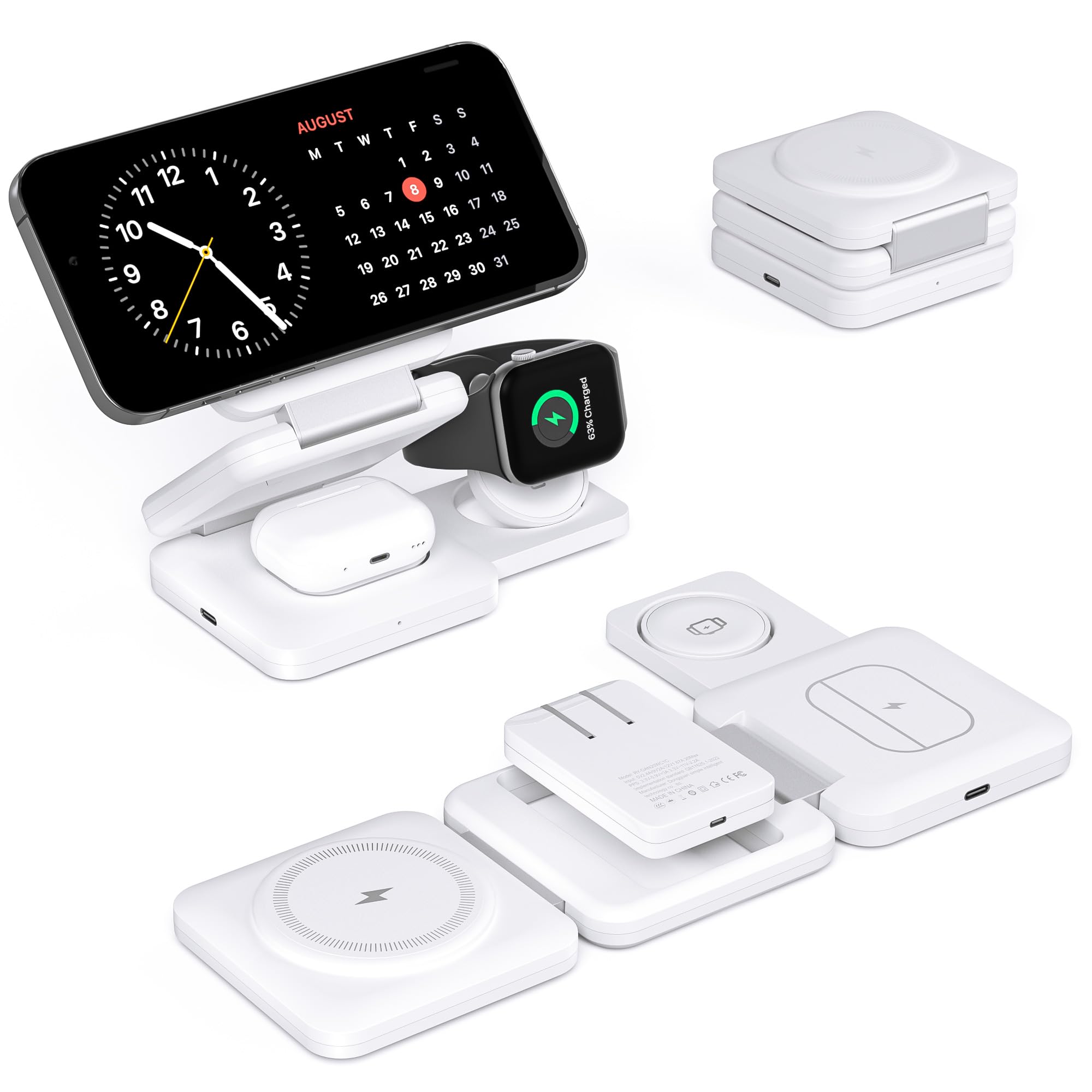 Photo 1 of Integrated Plug 3 in 1 Wireless Charging Station Stand for iPhone 16/15/14/13/12 Series,Magnetic Foldable Travel Fast Charging Compatible with AirPods 3/2/Pro,Magnetic Charging for iWatch Series