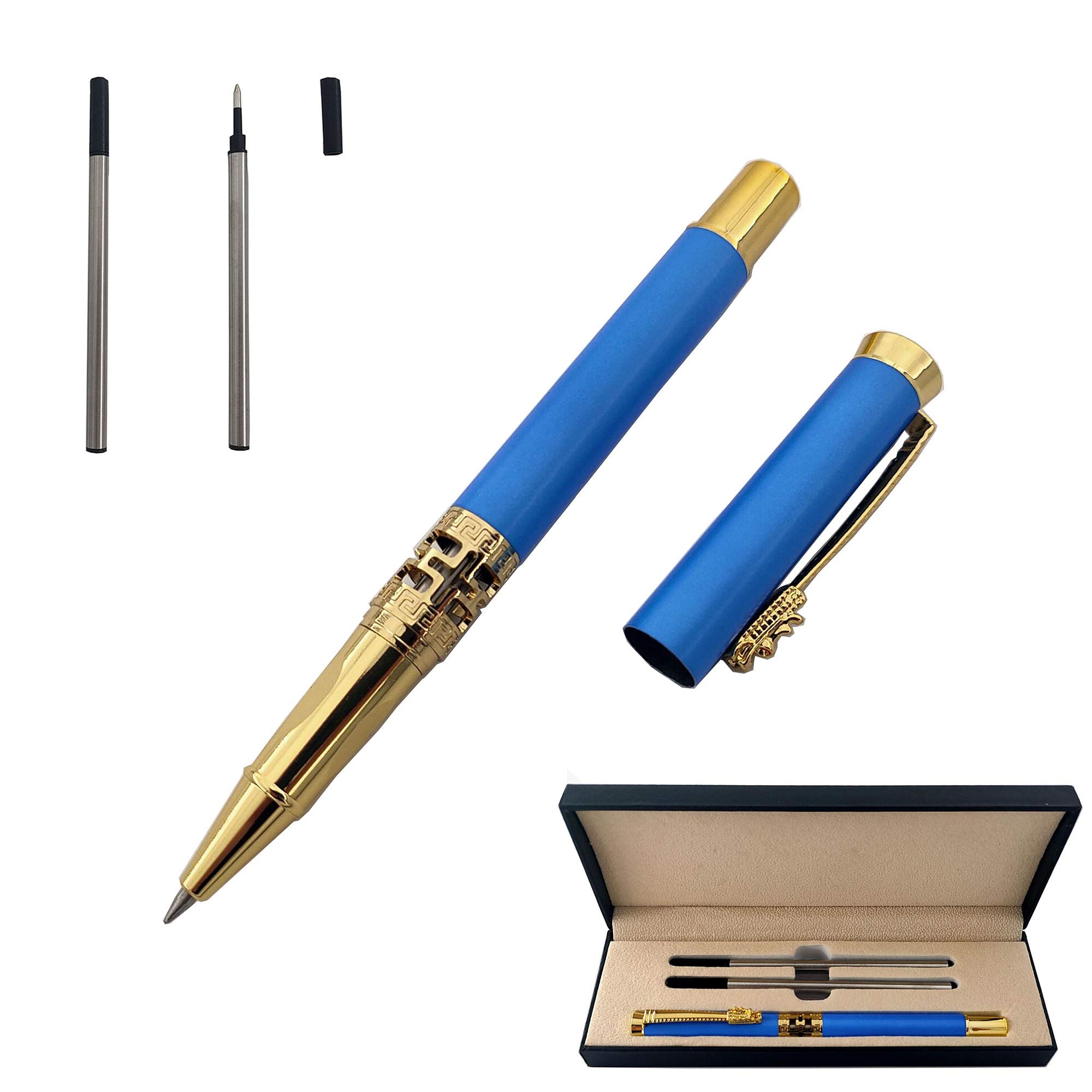 Accod Metal Rollerball Pen Retro Classic Signature Pen Business Gift Smooth Writing Rollerball Pen for Men and Women with Two 0.5MM Black Refills-Premium Gift Box (Blue)