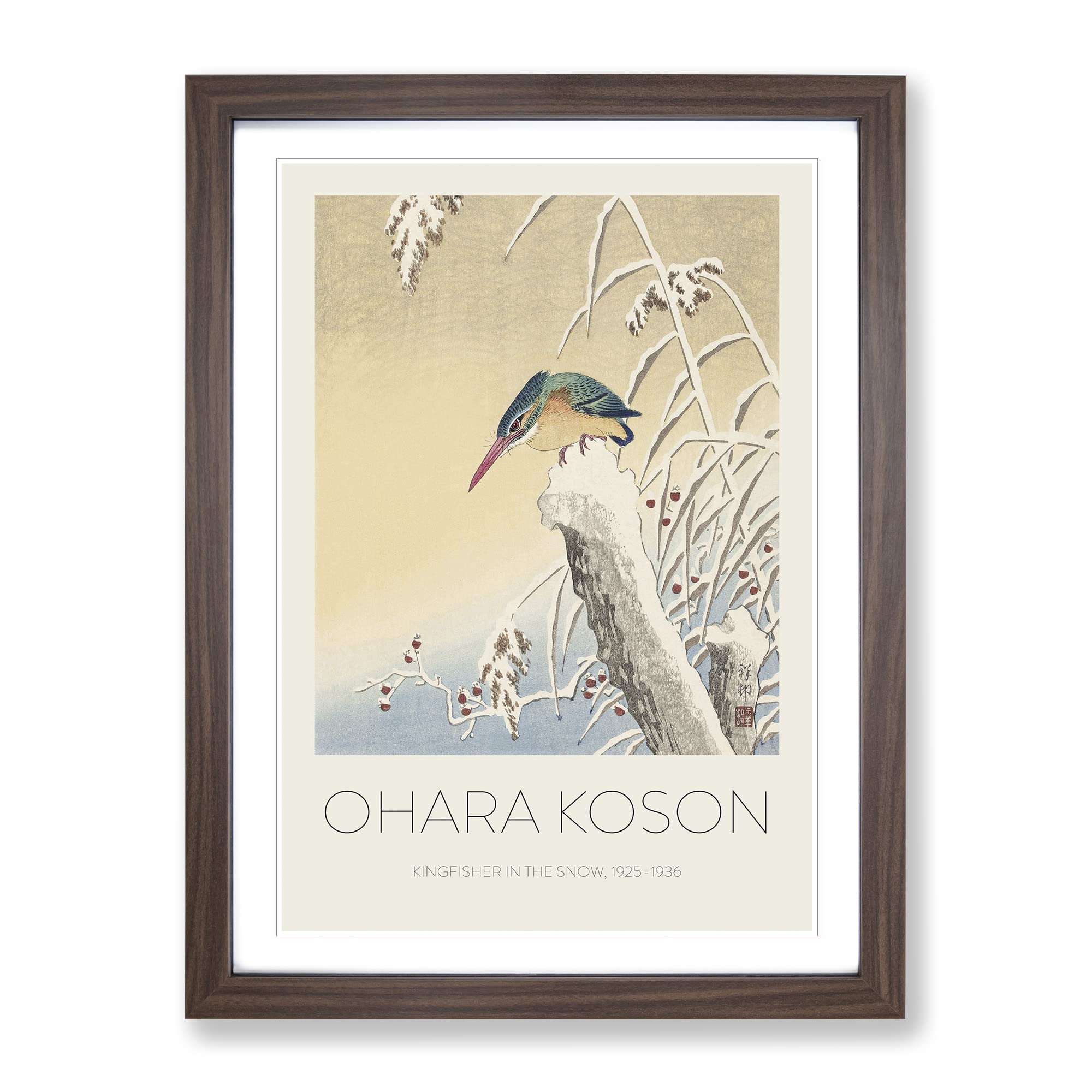 Kingfisher In The Snow By Ohara Koson Exhibition Museum Asian Japanese Framed Wall Art Print, Ready to Hang Picture for Living Room Bedroom Home Office Décor, Walnut A4 (34 x 25 cm)