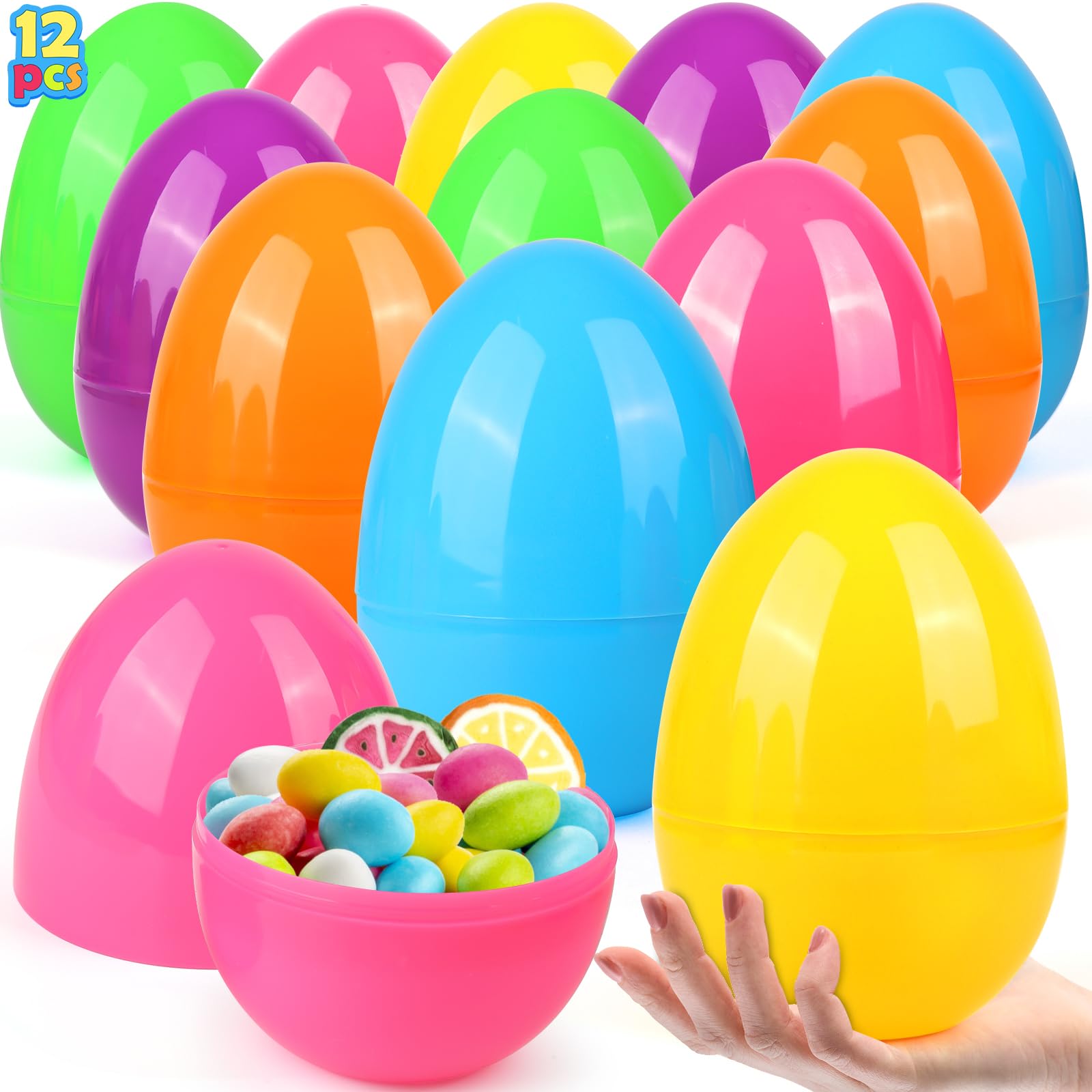 12 Pack 6 Inches Jumbo Easter Eggs, Large Empty Plastic Easter Eggs Bulk, Empty Colorful Bright Eggs for Easter Egg Hunt, Surprise Eggs, Basket Stuffers Fillers, Easter Party Favor