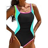 popvil Women's One Piece Swimsuits Tummy Control -Slimming Bathing Suit Neon 1 Piece Beach Outfit Sexy Sport Swim Suits