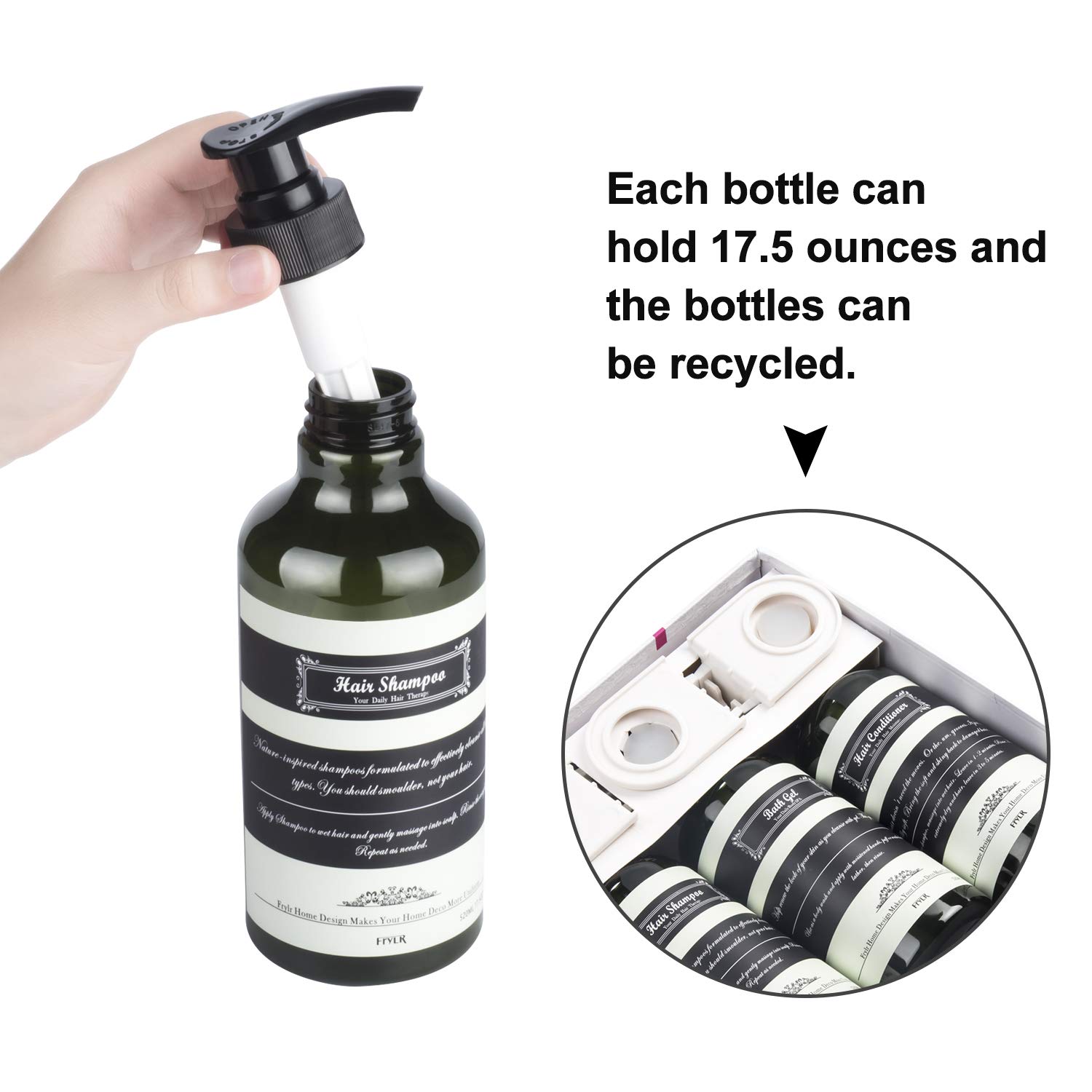 Frylr 3-Chamber Soap Dispenser (17.5 Oz) PET Plastic Bottles Water Resistant Sticker Without Drilling Wall Mount Shower Pump Dark Green Refillable Drip-Free