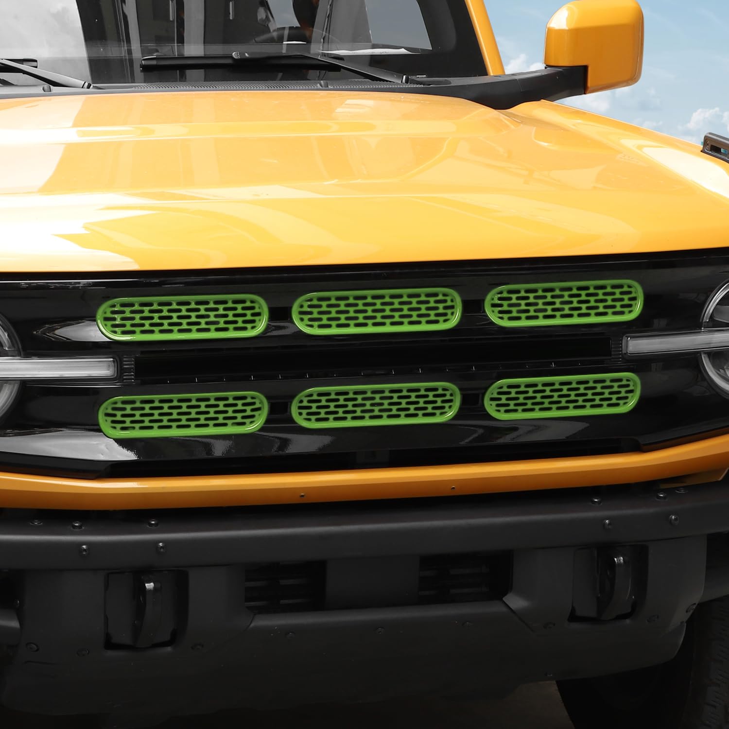 Photo 1 of Voodonala for Ford Bronco 2021-2024 Front Grille Inserts Grills Mesh Decoration Cover Trim Cover Compatible With Ford Bronco 2&4Doors 2021-2024 (ABS,6Pcs/set,Light Green)