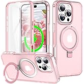 Turquiase for iPhone 16 Pro Full Body Shockproof Case with Magnetic Invisible Stand [Compatible with MagSafe] Built-in Screen Protector Military Drop ProtectionTranslucent Phone Cover -Pink