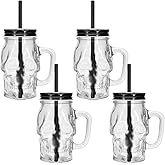 Skull Mason Jars with Handle, 16 Oz Glass Beer Mugs Gothic Wide Mouth Tumbler Cup with Straws and Lids, Novelty Pub Bar Mug Halloween Drinking Glasses for Beverage, Liquor, Mix Cocktail (4, Clear)