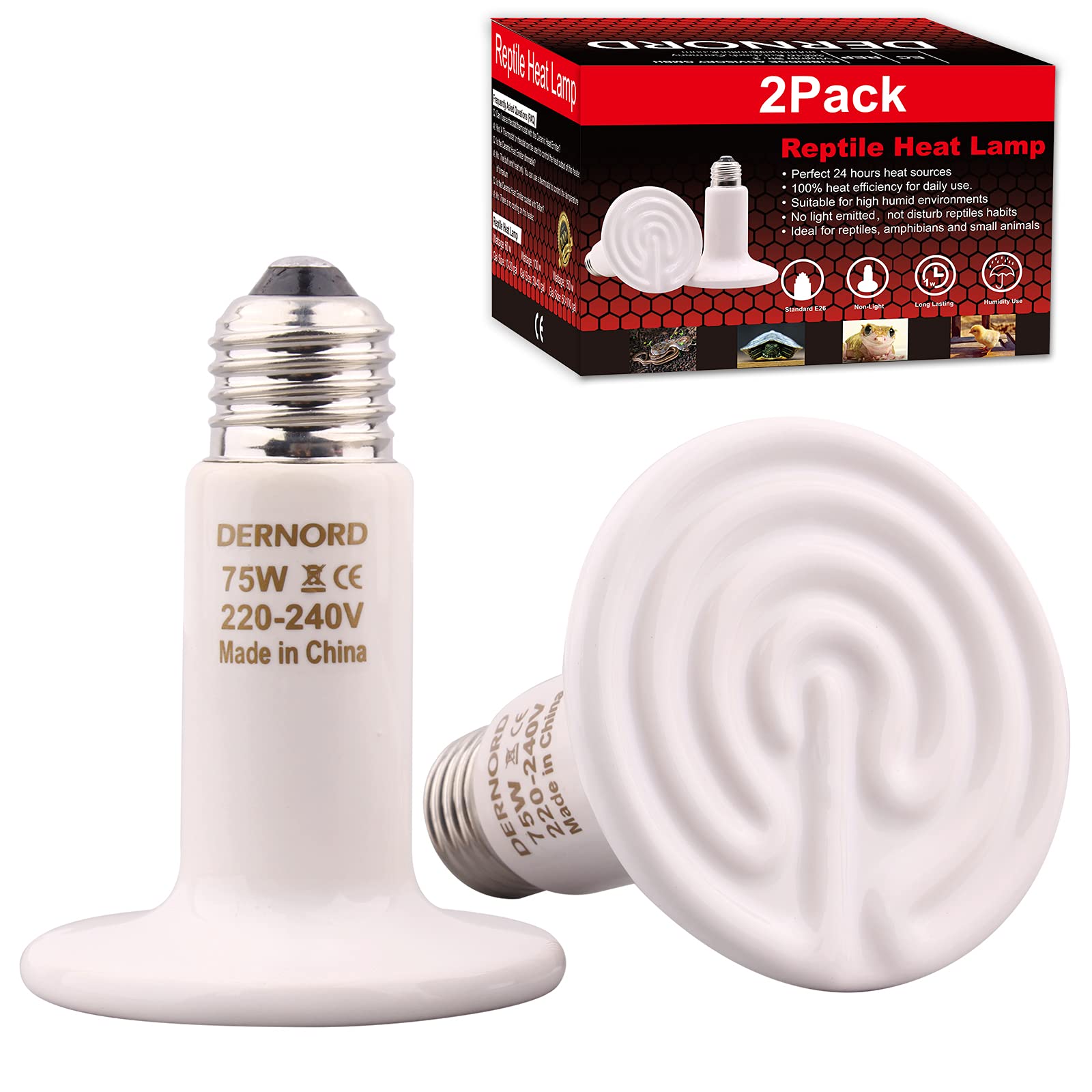 DERNORD Ceramic Heat Emitter 75W - 2 Pack E27 Vivarium Ceramic Heat Lamp Light Bulb for Reptile Bearded Dragon Lizard Snake Outside Tortoise Brooder White