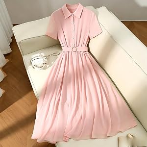 Pink Chiffon Shirt Dress, Short Sleeve, Belted, Midi | Work, Business Casual, Wedding Guest
