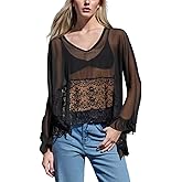 Womens Sheer Lace Ruffled Flowy Tops Chiffon Frilly Layered Lantern Sleeves Top Mesh Sexy See Through Blouses Shirts