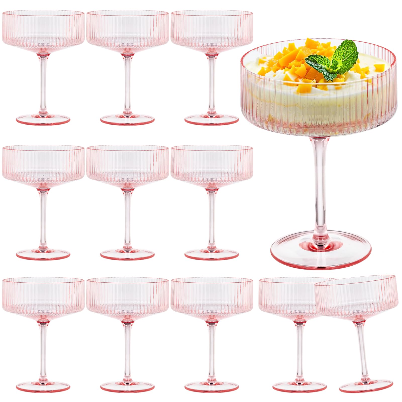 Photo 1 of 12 Pieces Martini Glasses 10.5oz Plasitc Ribbed Coupe Glasses Champagne Shatterproof Acrylic Vintage Cocktail Glassware Margarita Wine Glasses Disposable Cups for Parties Wedding Anniversary Bar Pink
