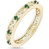 Jewel Zone US Filigree Eternity Wedding Band Ring for Women, Round Cut Simulated Gemstone Stackable Promise Ring in 14K Gold Plated 925 Sterling Silver Band Width 3.5mm – Elegant Jewelry Gift for Her