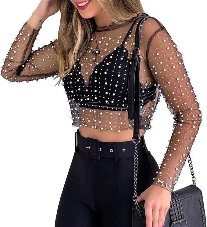 Modegal Women's Pearl Rhinestone See Through Long Sleeve Mesh Blouse