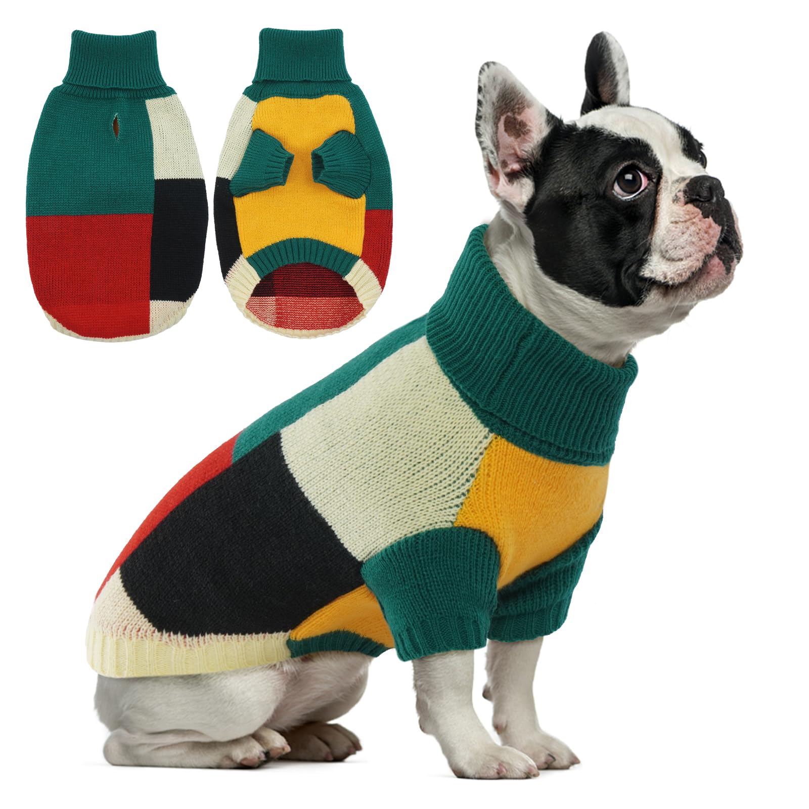 Hjumarayan Dog Jumper, Vintage Dog Jumpers Medium Size with Legs, Soft & Warm Sweater with Harness Hole, Colour Blocked Xmas Jumpers for Bichon Frisé, Shih Tzu, Green M