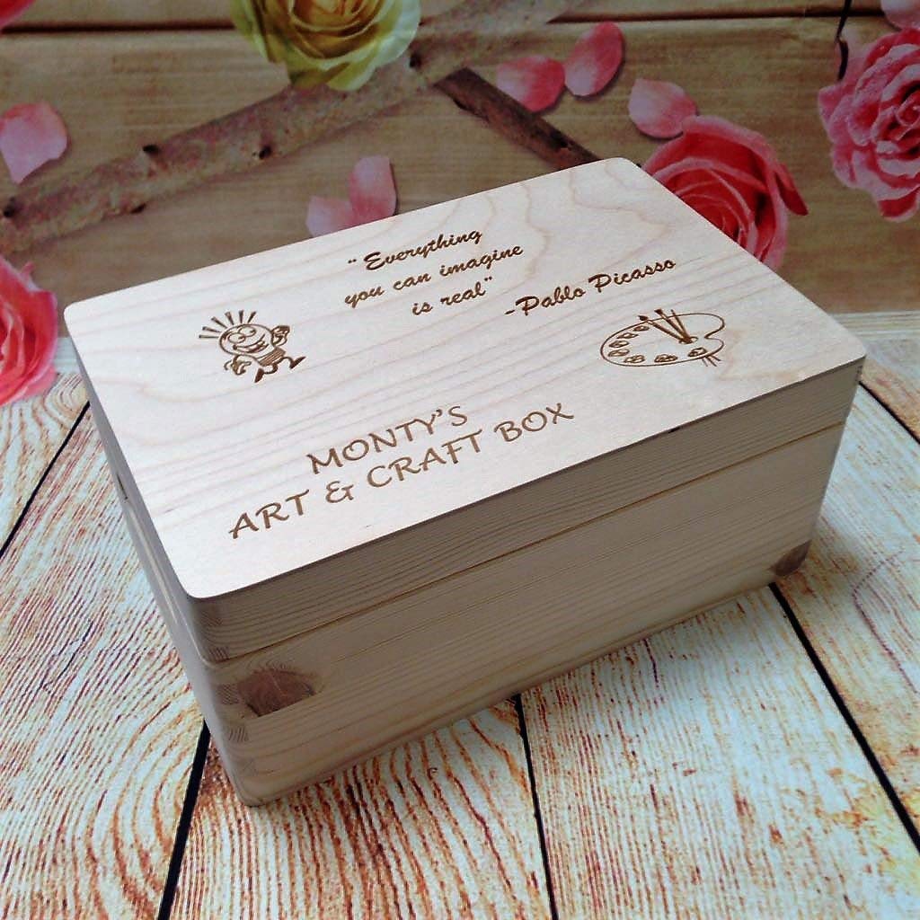 Personalised Wooden Art and Craft Box Bespoke Natural Wood Keepsake