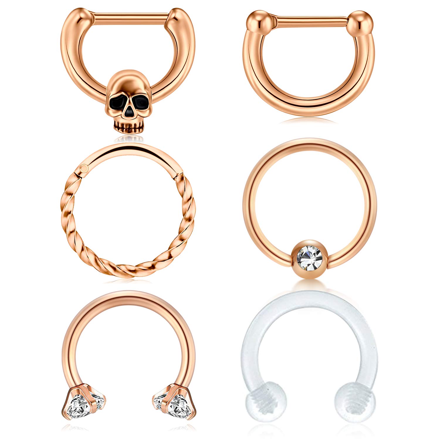 AVYRING 16G Septum Clicker Rings Stainless Steel Horseshoe Nose Lip Eyebrow Rings Helix Cartilage Earrings Hoop Jewelry for Women Men 6PCS - Rose gold