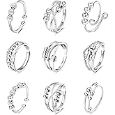 sailimue 9Pcs Anti Anxiety Rings For Women Men Fidget Band Rings Set For Anxiety Unisex Adjustable Stacking Spinner Worry Stress Relief Ring With Beads