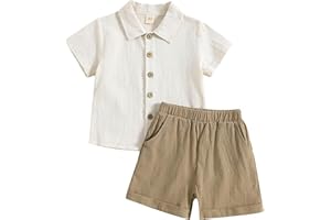 KUTERSBABI Toddler Baby Boy Linen Outfit Button Down Shirt Plain Shorts Cute Infant Newborn Photoshoot Clothes Summer 2Pcs Set