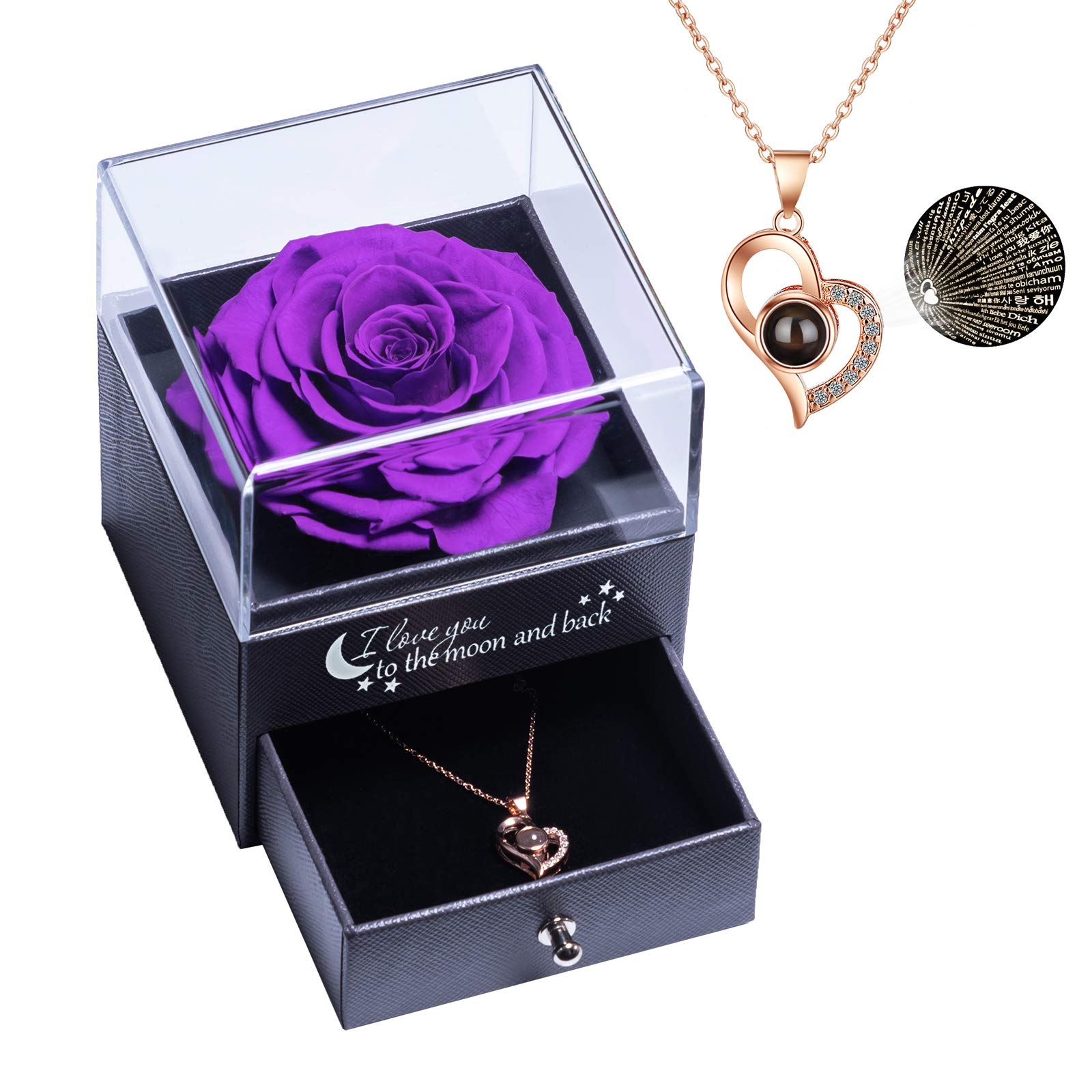 Real Preserved Rose with I Love You Necklace 100 Languages Jewelry Gift Box, Eternal Real Rose for Valentine's Day Mother's Day Wedding Anniversary Birthday Gift for Her, Purple