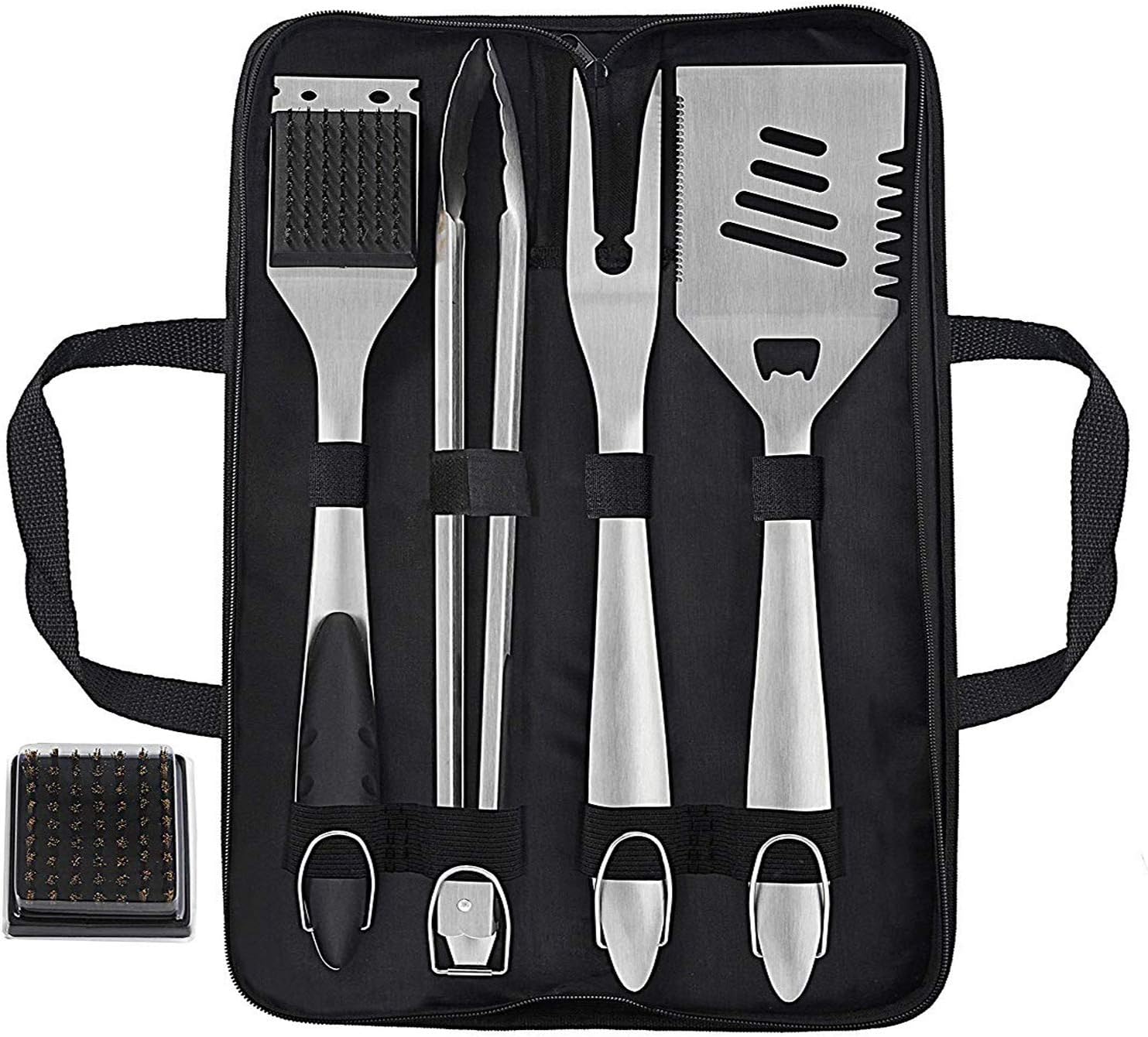 grilljoy 6PCS Heavy Duty BBQ Grill Tools Set - Extra Thick Stainless Steel Spatula, Fork, Tongs & Cleaning Brush - Complete Barbecue Accessories Kit with Portable Bag - Perfect Grilling Tool Set Gift : Garden & Outdoor